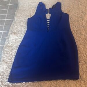 Entry Blue Backless Sheath Dress with Plunge Neckline